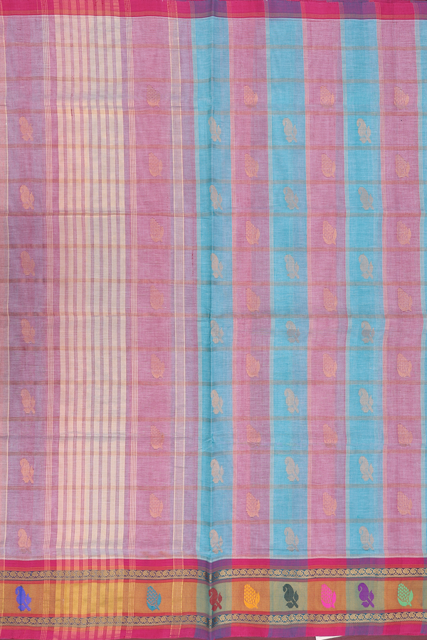 Venkatagiri Cotton Saree In Pink And Blue With Checks Design