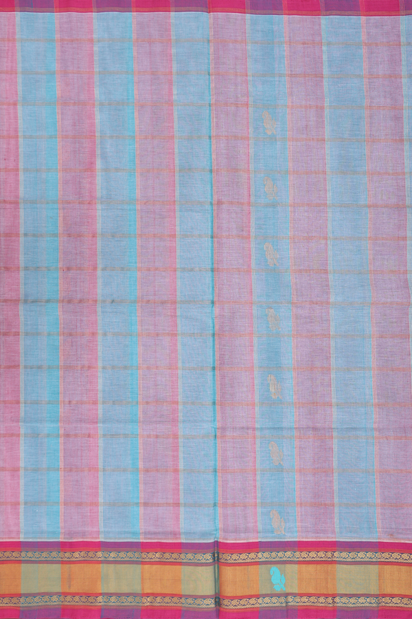 Venkatagiri Cotton Saree In Pink And Blue With Checks Design