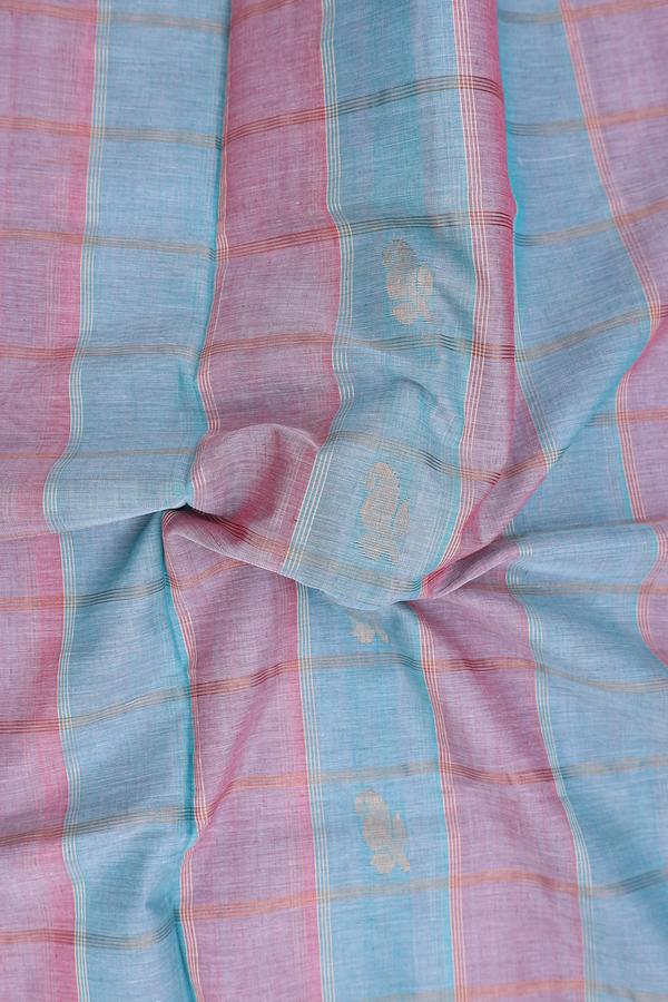 Venkatagiri Cotton Saree In Pink And Blue With Checks Design