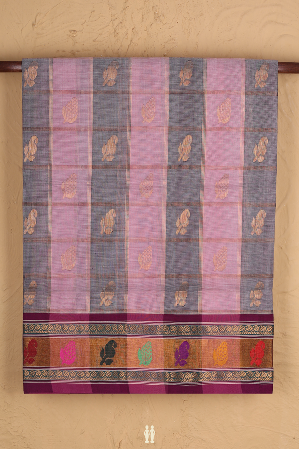 Venkatagiri Cotton Saree In Pink And Grey With Checks Design