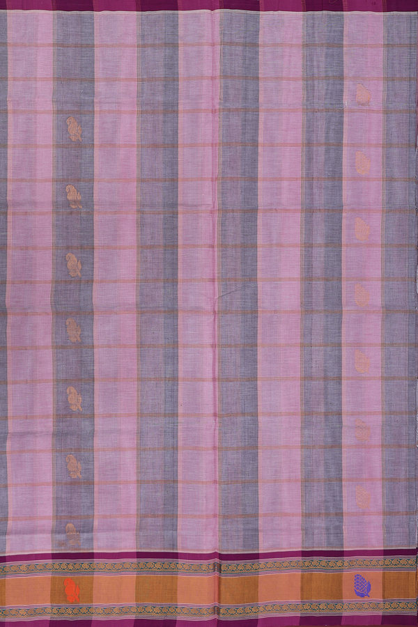 Venkatagiri Cotton Saree In Pink And Grey With Checks Design