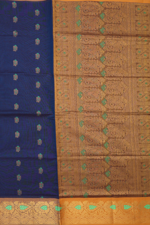 Venkatagiri Cotton Saree In Prussian Blue With Zari Buttas