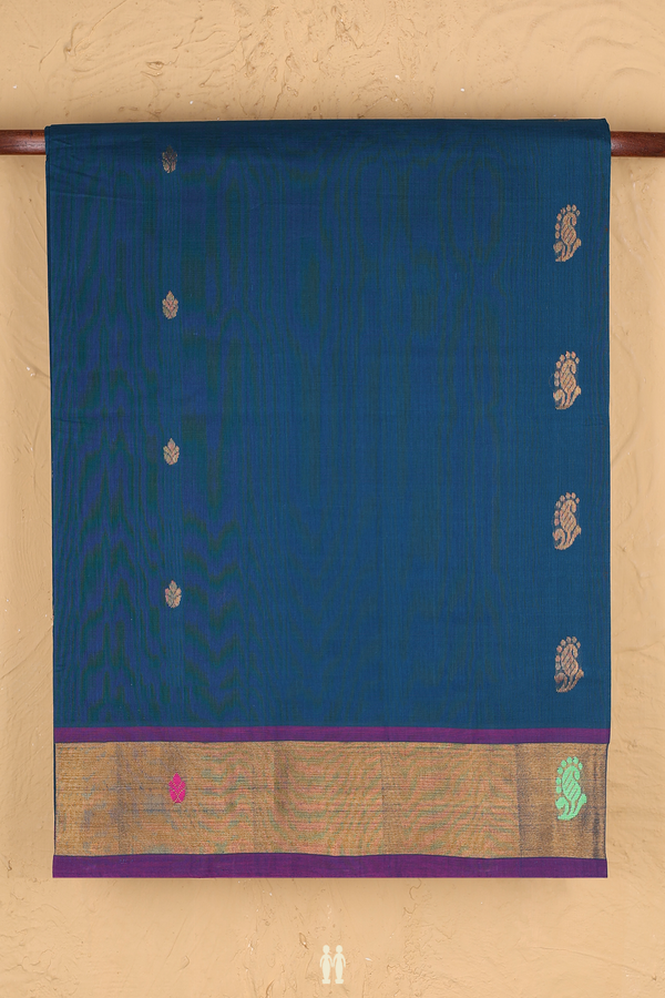 Venkatagiri Cotton Saree In Prussian Blue With Paisley Buttas