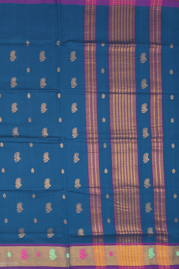 Venkatagiri Cotton Saree In Prussian Blue With Paisley Buttas