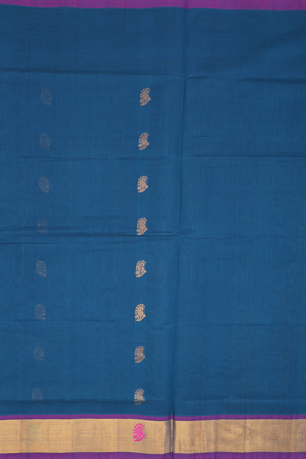 Venkatagiri Cotton Saree In Prussian Blue With Paisley Buttas