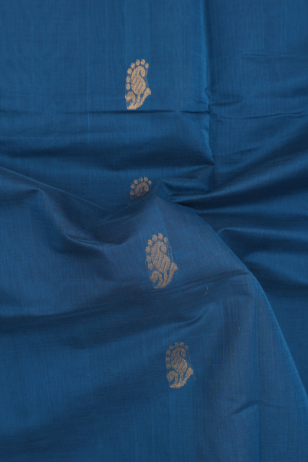 Venkatagiri Cotton Saree In Prussian Blue With Paisley Buttas