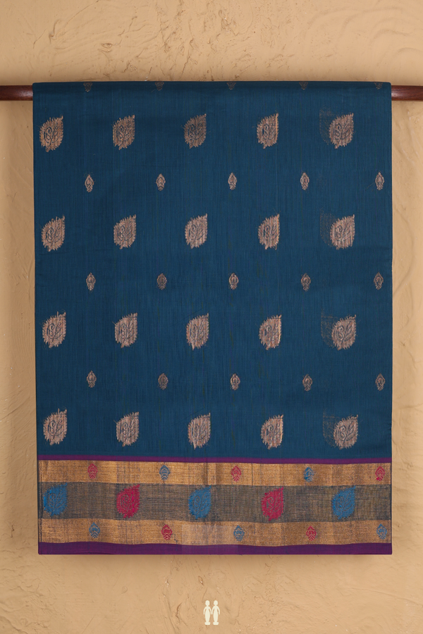Venkatagiri Cotton Saree In Prussian Blue With Zari Buttas