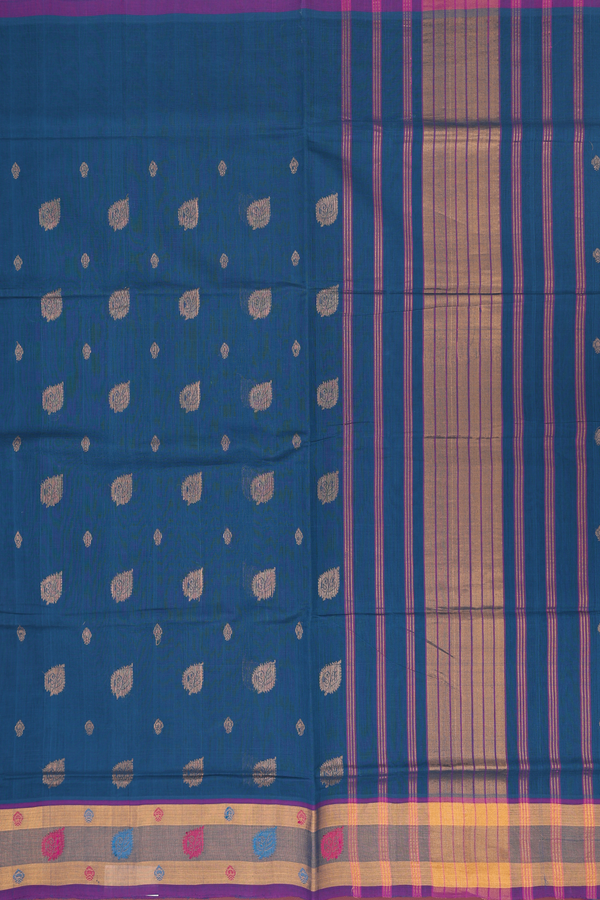 Venkatagiri Cotton Saree In Prussian Blue With Zari Buttas