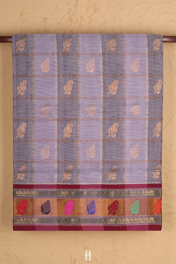 Venkatagiri Cotton Saree In Purple And Grey With Checks Design