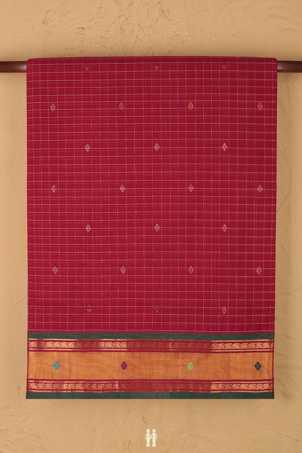 Venkatagiri Cotton Saree In Ruby Red With Checks Design
