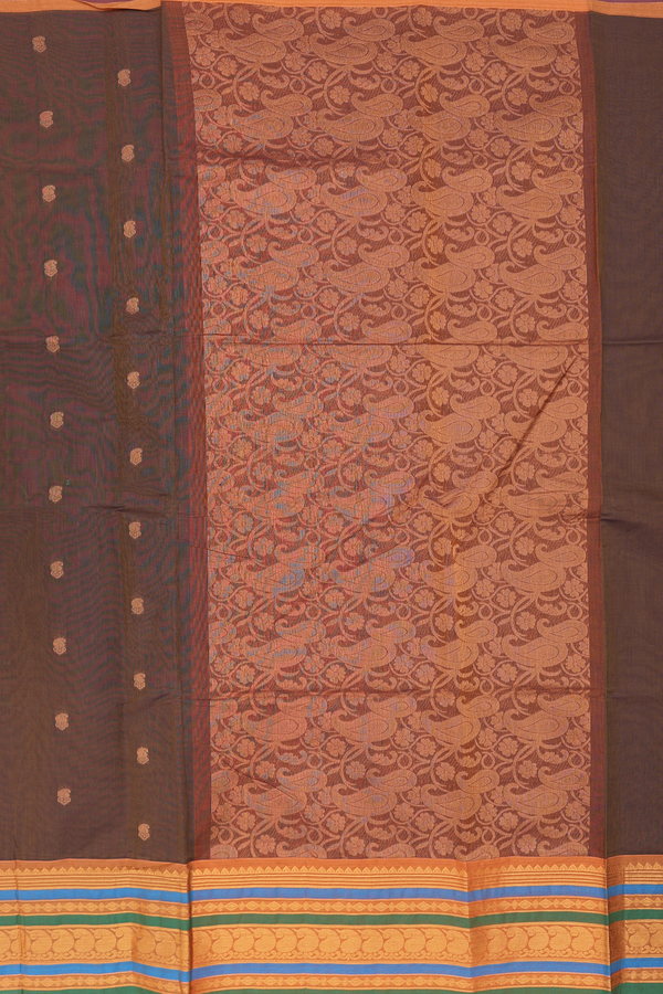 Venkatagiri Cotton Saree In Walnut Brown With Paisley Buttas