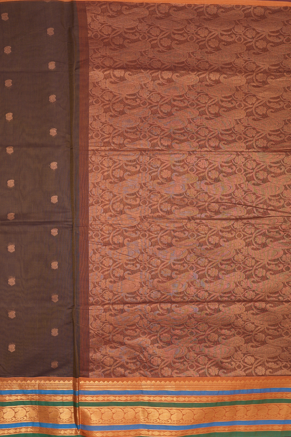 Venkatagiri Cotton Saree In Walnut Brown With Paisley Buttas
