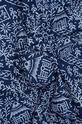 Warli Printed Design Navy Blue Jaipur Cotton Saree