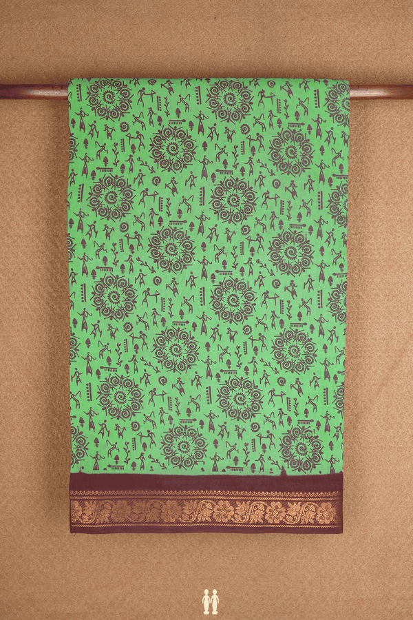 Warli Printed Design Seafoam Green Sungudi Cotton Saree