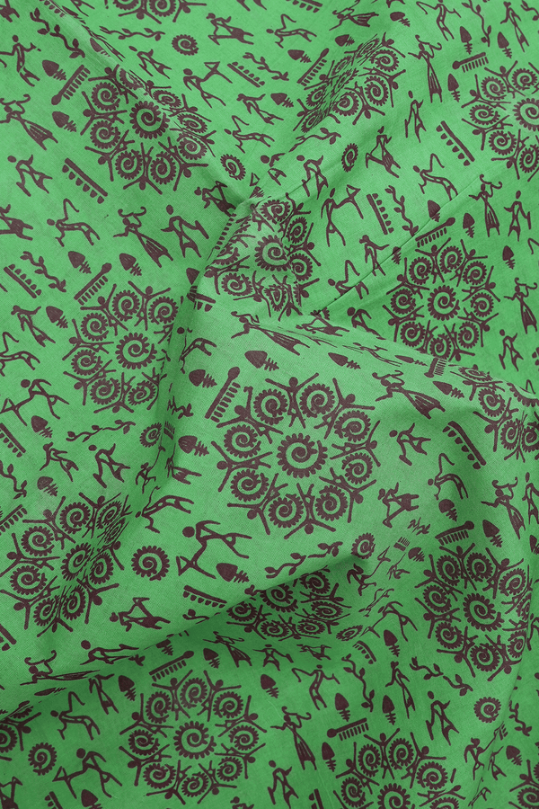 Warli Printed Design Seafoam Green Sungudi Cotton Saree