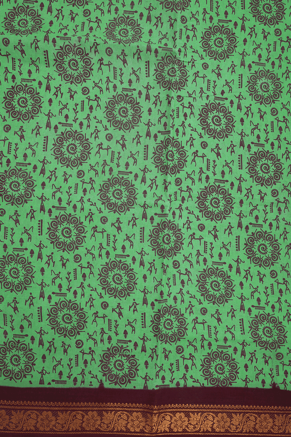 Warli Printed Design Seafoam Green Sungudi Cotton Saree