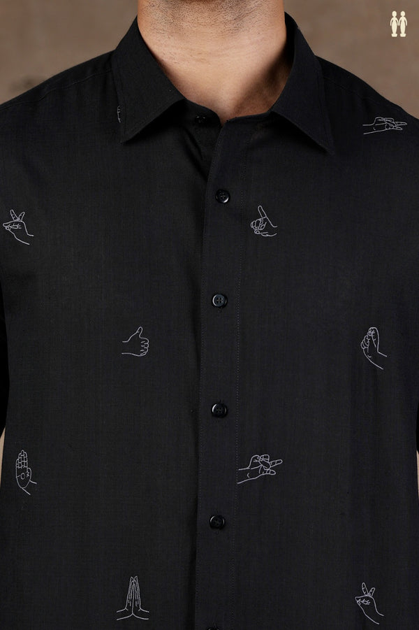 Regular Collar Embroidered Design Black Cotton Shirt