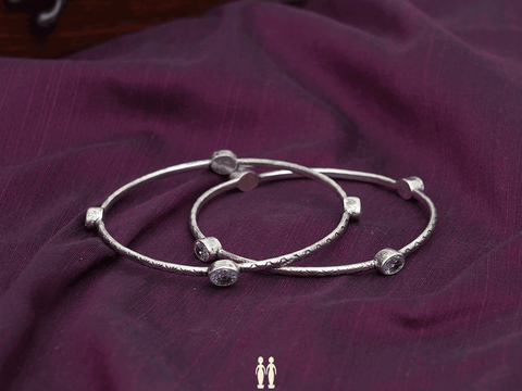 White Crystal Stone Oxidized Pure Silver Bangles