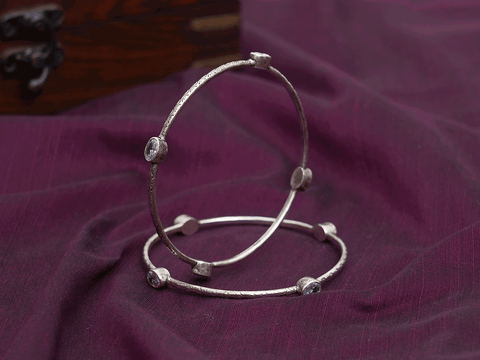 White Crystal Stone Oxidized Pure Silver Bangles