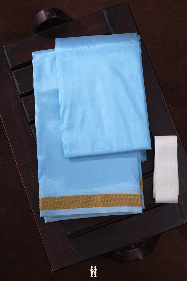 Zari Border Deep Sky Blue Art Silk Dhoti With Shirt Material
