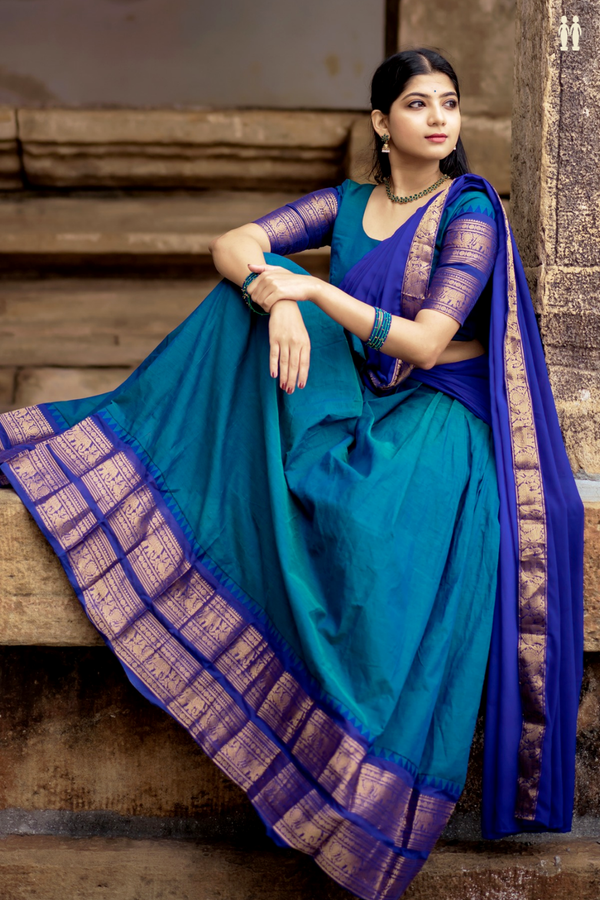 Zari Border Blue Cotton Readymade Half Saree
