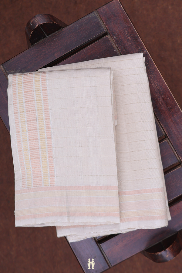 Zari Border Cream Color Tussar Silk Dhoti With Angavastram Set