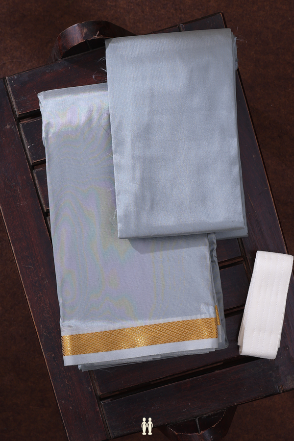 Zari Border Greyish Green Art Silk Dhoti With Shirt Material