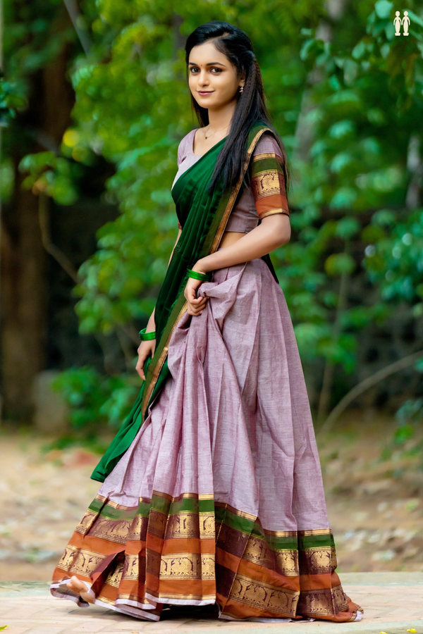 Peacock Border Grape Purple Cotton Readymade Half Saree