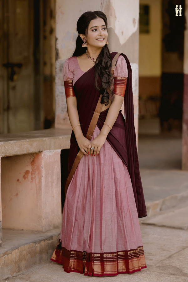 Zari Border Dusty Rose Cotton Readymade Half Saree