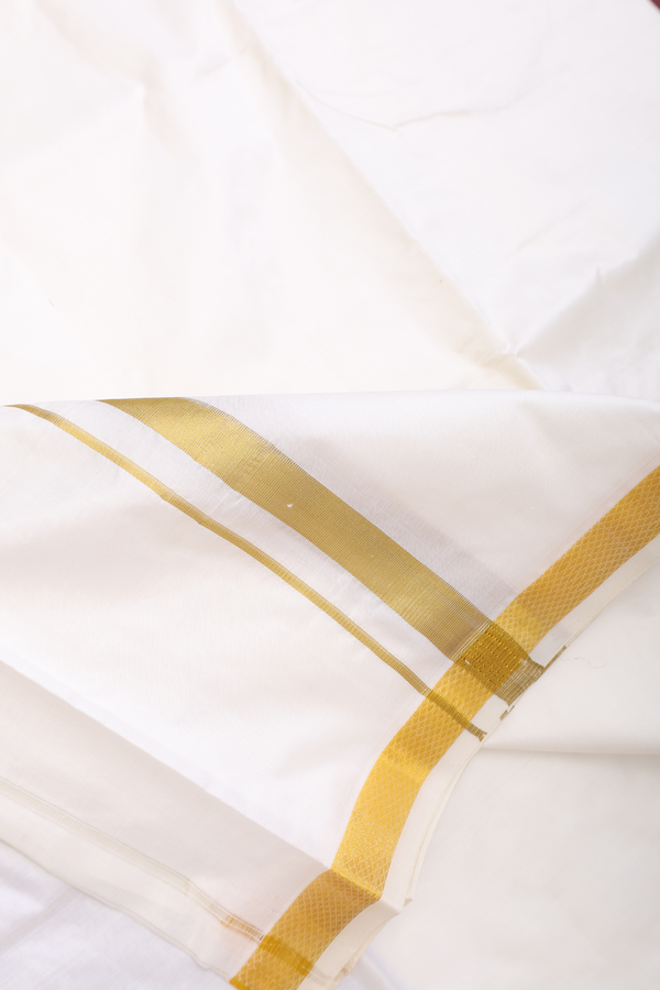 Zari Border Egg White Silk Dhoti With Angavastram Set