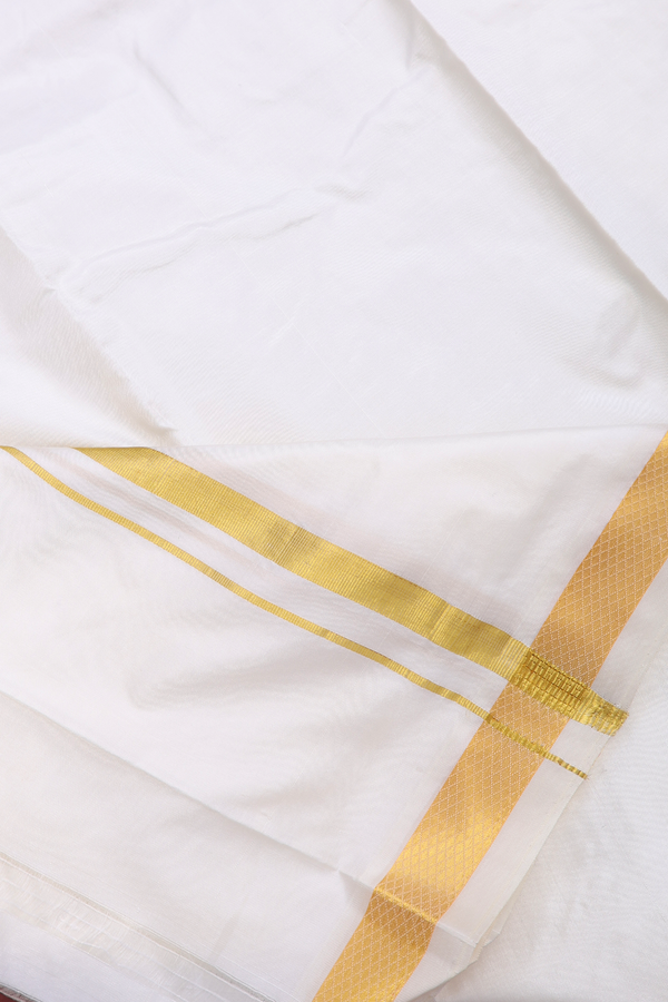 Zari Border Egg White Silk Dhoti With Angavastram Set