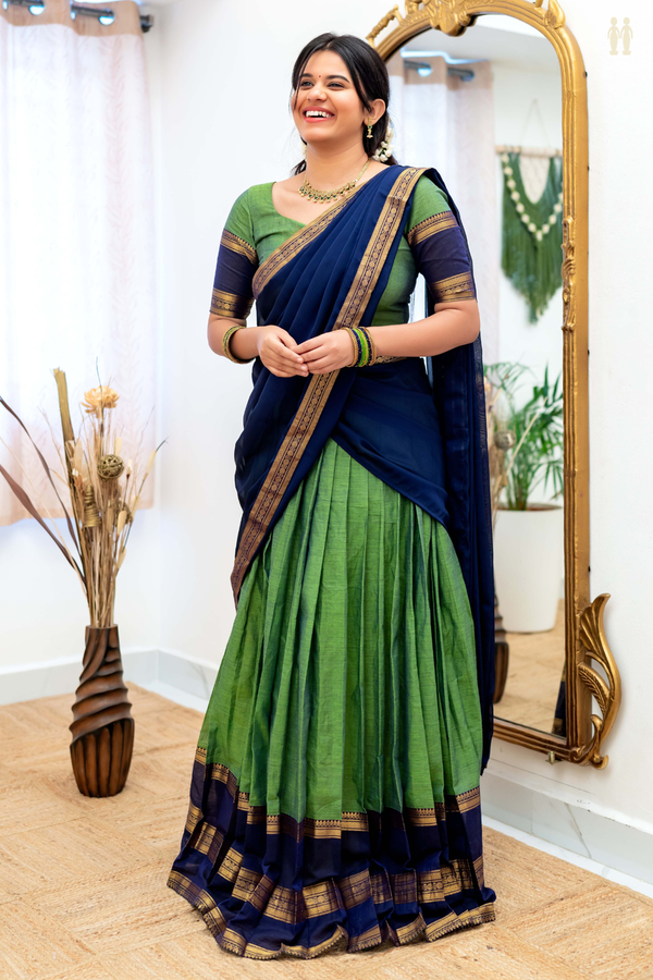 Zari Border Fern Green Cotton Readymade Half Saree