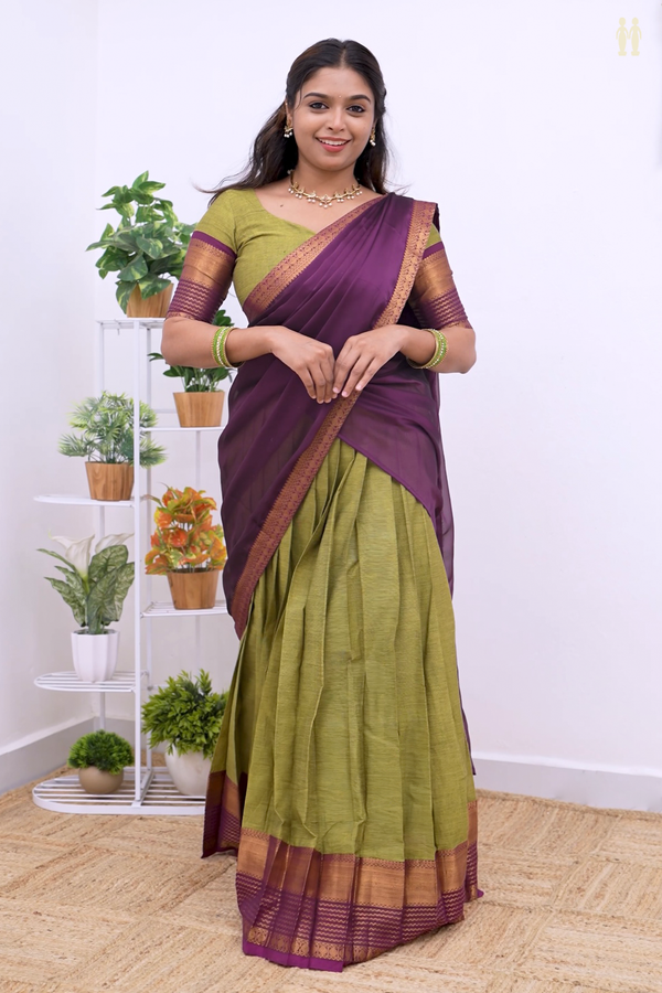 Zari Border Olive Green Cotton Readymade Half Saree