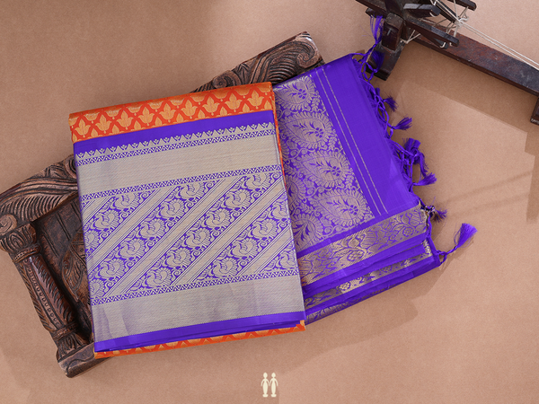 Zari Buttas Orange Kanchipuram Silk Half Saree Material