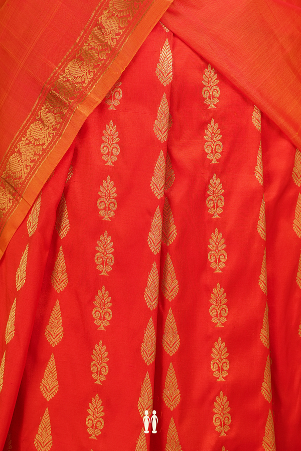 Zari Buttas Orange Kanchipuram Silk Half Saree Material