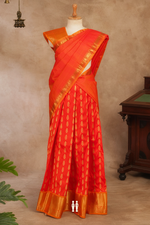Zari Buttas Orange Kanchipuram Silk Half Saree Material