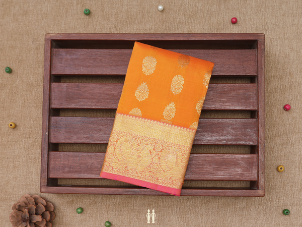 Zari Buttas Orange Kanchipuram Silk Pavadai Sattai Material