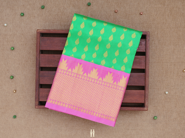 Zari Buttas Parrot Green Kanchipuram Pavadai Sattai Material
