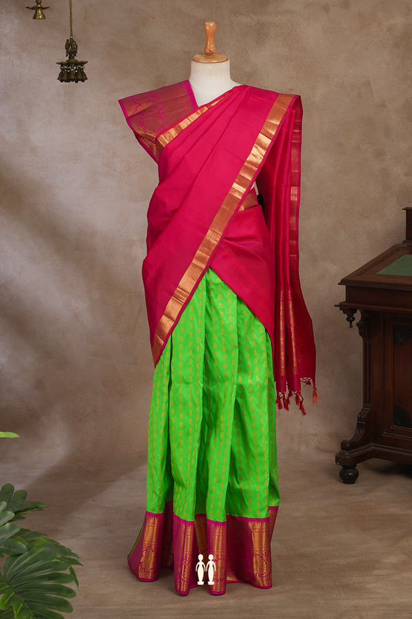 Zari Buttas Parrot Green Kanchipuram Silk Half Saree Material