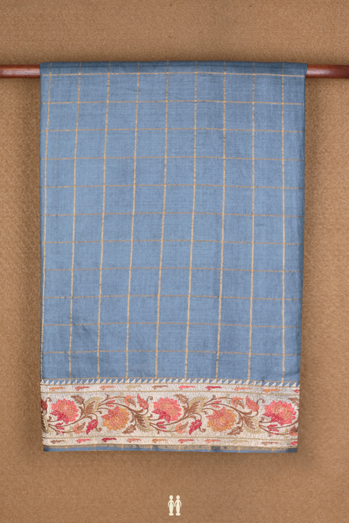 Zari Checked Design Aegean Blue Tussar Silk Saree