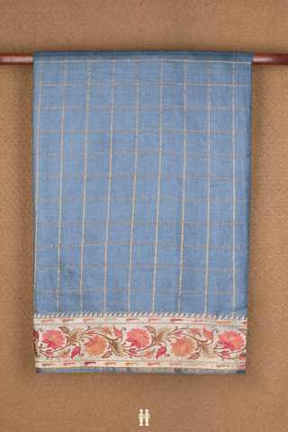 Zari Checked Design Aegean Blue Tussar Silk Saree