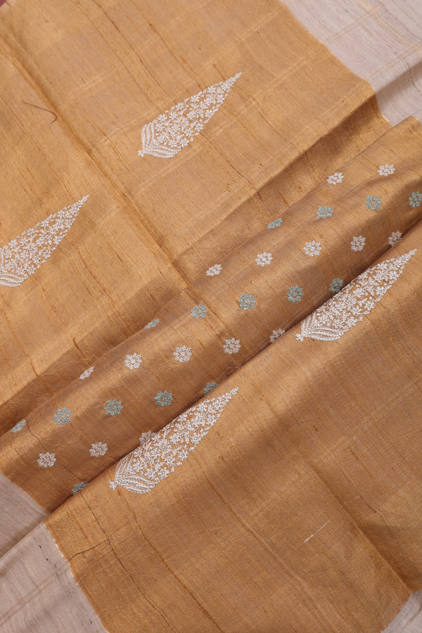 Zari Checked Design Beige Tussar Silk Saree