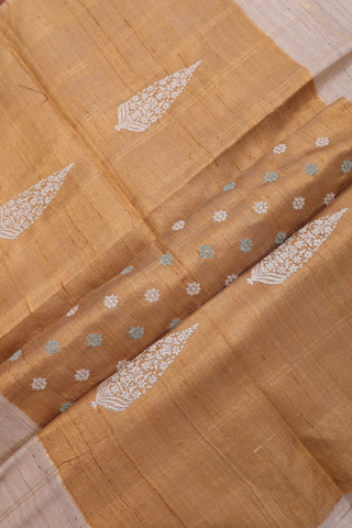 Zari Checked Design Beige Tussar Silk Saree