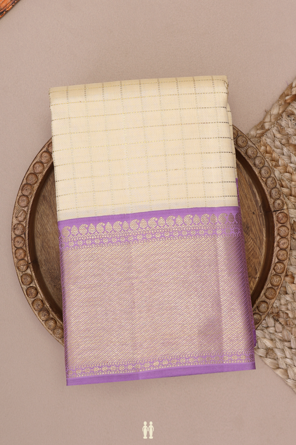 Zari Checked Design Ivory Kanchipuram Silk Saree