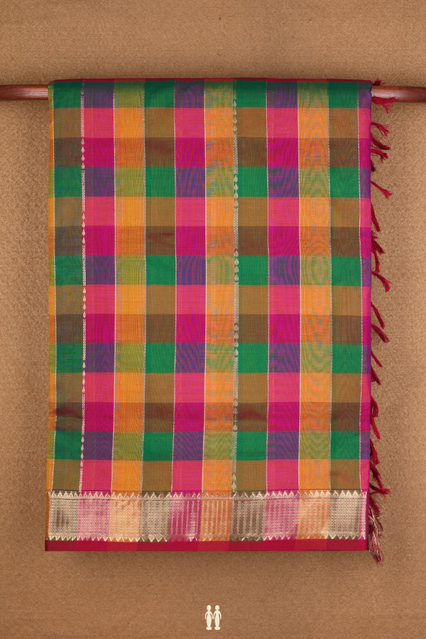 Zari Checked Design Multicolor Nine Yards Silk Cotton Saree