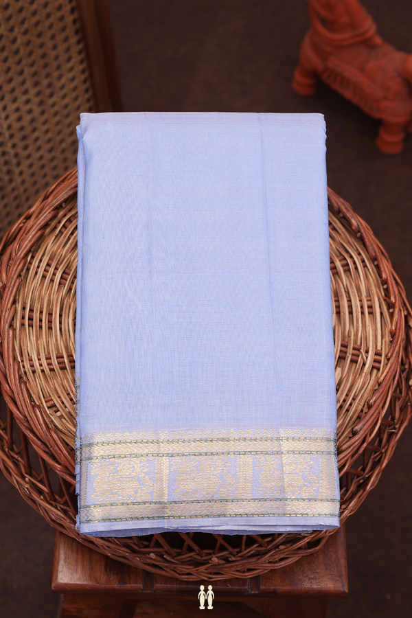 Kanchipuram Silk Saree In Plain Steel Blue With Zari Border
