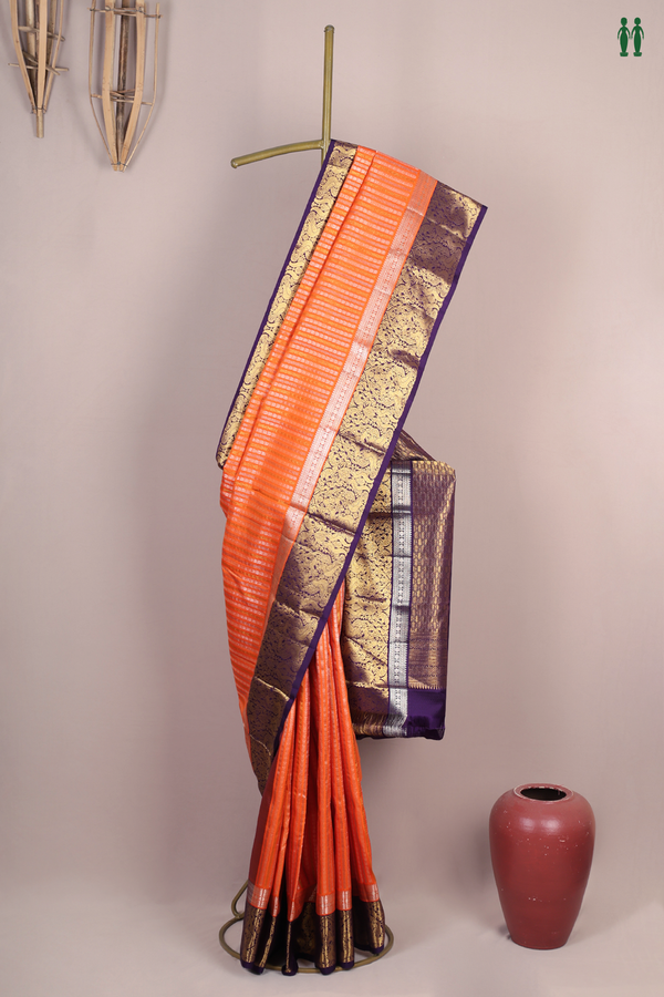 Kanchipuram Silk Saree In Bright Orange With Stripes Design