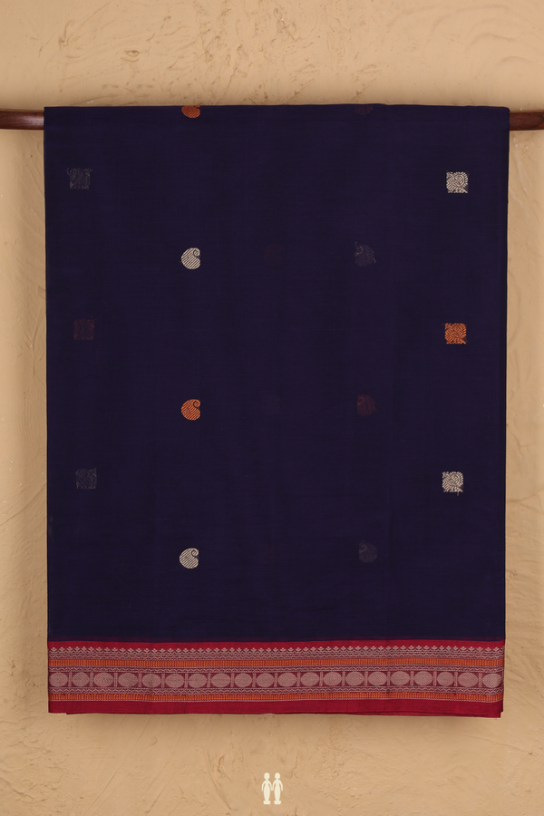 Coimbatore Cotton Saree In Navy Blue With Threadwork Buttas