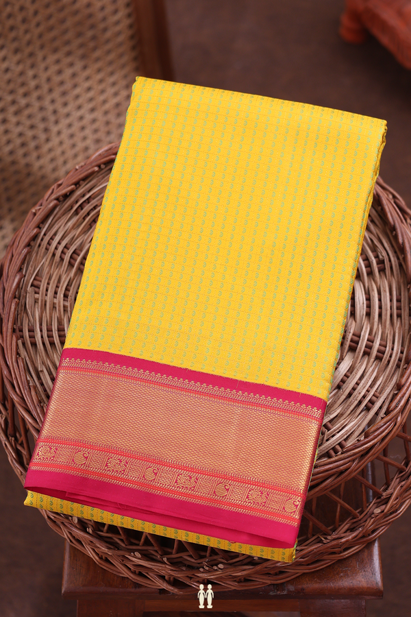 Kanchipuram Silk Saree In Saffron Yellow With Checks Design