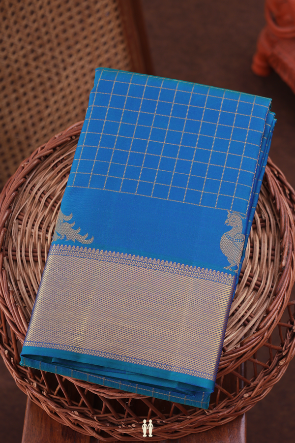 Kanchipuram Silk Saree In Teal Blue With Checks Design